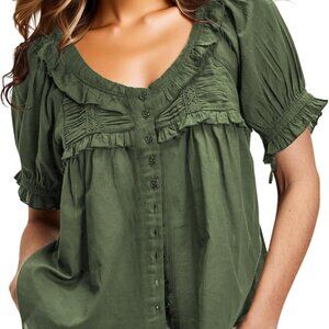 Womens 2025 Summer Trendy Ruffled Top Shapeless Billowy Tunic Swing Blouse with